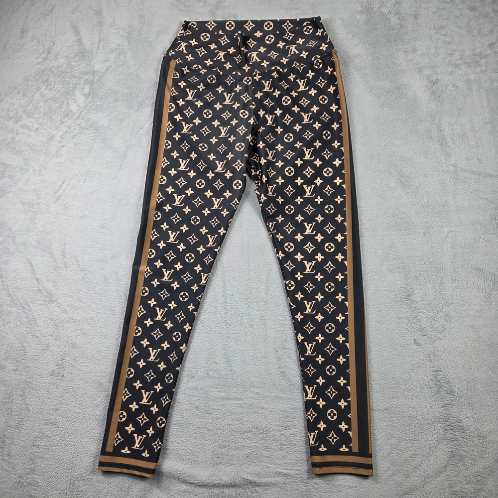 Unbranded Monogram Leggings Women medium Black Brown Excellent High Waist Stripe